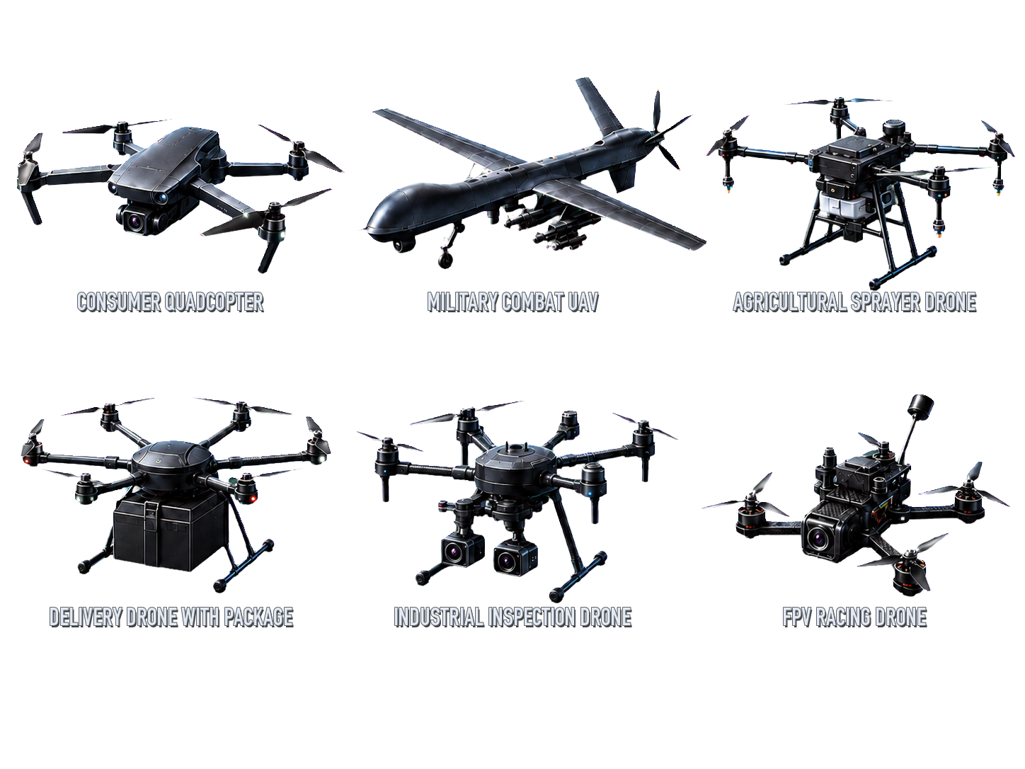 Six drone platform types: consumer, military, agricultural, delivery, industrial inspection, and FPV