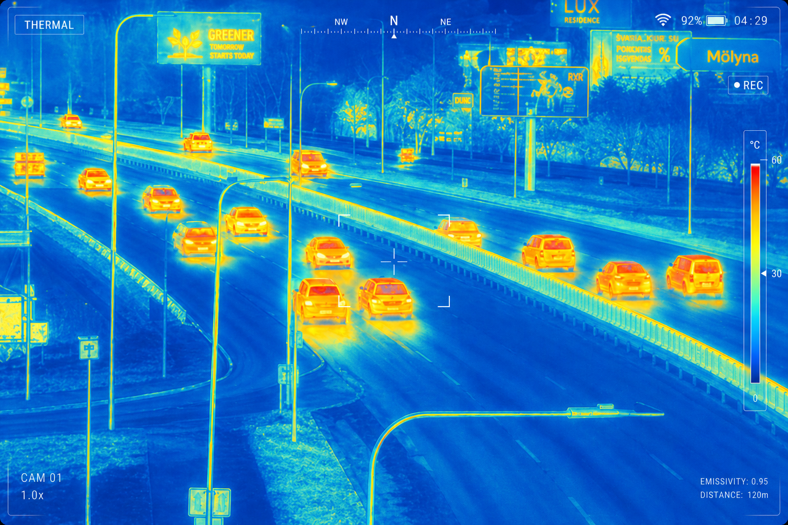 Thermal road surveillance scene showing heat signatures and traffic detail