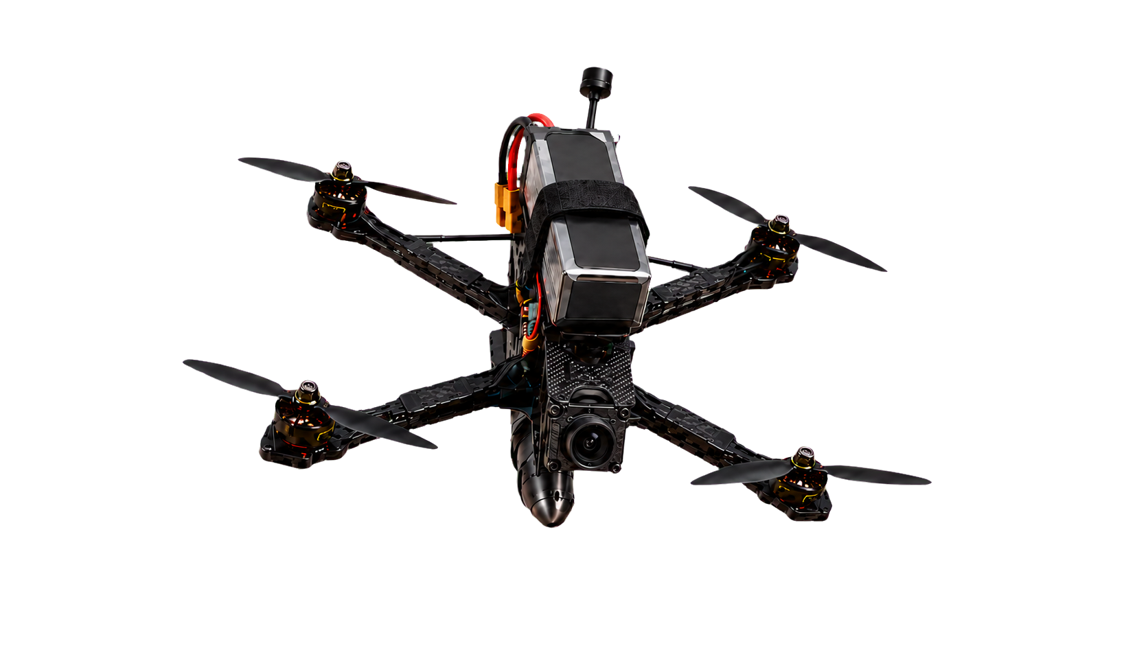 Compact FPV racing drone with an integrated camera payload