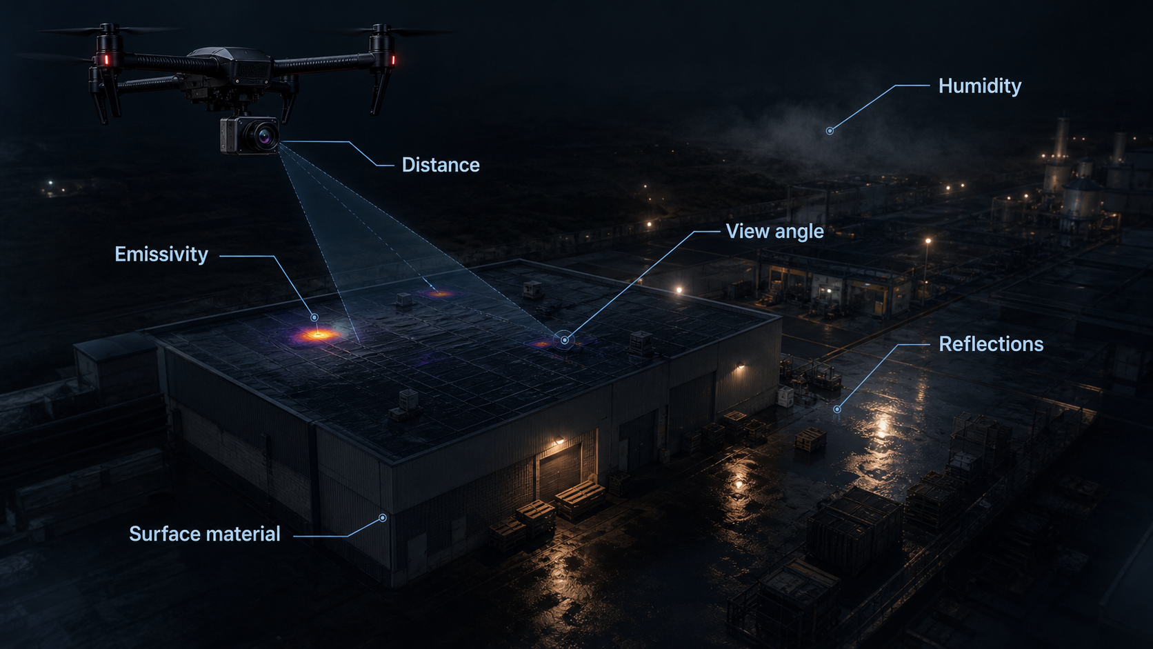 Diagram showing thermal image accuracy factors including emissivity, distance, humidity, view angle, reflections, and surface material
